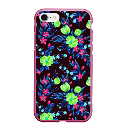 Чехол iPhone 7/8 матовый Неоновые цветы - паттерн, цвет: 3D-малиновый