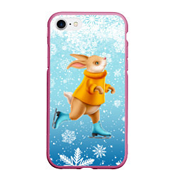 Чехол iPhone 7/8 матовый Кролик на коньках в снегопад, цвет: 3D-малиновый