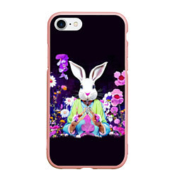 Чехол iPhone 7/8 матовый Кролик в цветах на черном фоне, цвет: 3D-светло-розовый
