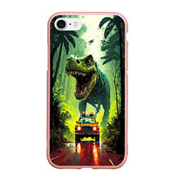 Чехол iPhone 7/8 матовый Динозавр в погоне за машиной в джунглях, цвет: 3D-светло-розовый