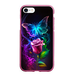 Чехол iPhone 7/8 матовый Неоновая бабочка с цветком, цвет: 3D-малиновый