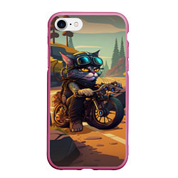 Чехол iPhone 7/8 матовый Кот на мотоцикле - байкер, цвет: 3D-малиновый