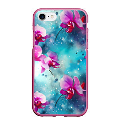 Чехол iPhone 7/8 матовый Розовые орхидеи на бирюзовом - паттерн акварель, цвет: 3D-малиновый
