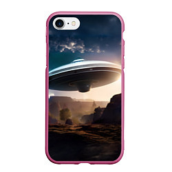 Чехол iPhone 7/8 матовый НЛО над горами, цвет: 3D-малиновый