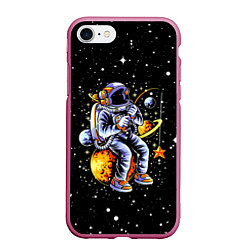 Чехол iPhone 7/8 матовый Космонавт на рыбалке - неон, цвет: 3D-малиновый