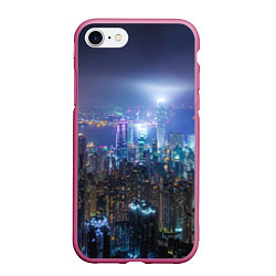 Чехол iPhone 7/8 матовый Большой город в розово-голубых огнях, цвет: 3D-малиновый