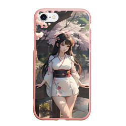 Чехол iPhone 7/8 матовый Гейша в коротком кимоно на фоне сакуры