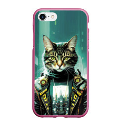 Чехол iPhone 7/8 матовый Funny cat on the background of skyscrapers, цвет: 3D-малиновый
