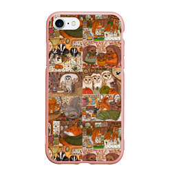 Чехол iPhone 7/8 матовый Коллаж из сказочных зверей - совы, белки, ёжики, цвет: 3D-светло-розовый
