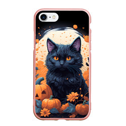Чехол iPhone 7/8 матовый Котик и тыквы - хеллоуин, цвет: 3D-светло-розовый