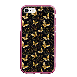 Чехол iPhone 7/8 матовый Золотые бабочки на черном фоне
