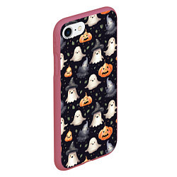 Чехол iPhone 7/8 матовый Милые привидения и хэллуинские тыквы - паттерн, цвет: 3D-малиновый — фото 2