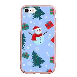 Чехол iPhone 7/8 матовый Снеговики с новогодними подарками паттерн, цвет: 3D-светло-розовый