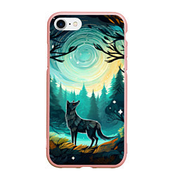 Чехол iPhone 7/8 матовый Волк в ночном лесу фолк-арт, цвет: 3D-светло-розовый