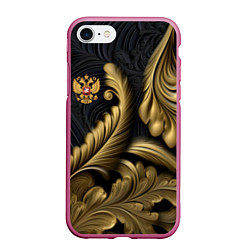 Чехол iPhone 7/8 матовый Золотой узор и герб России, цвет: 3D-малиновый