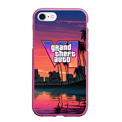 Чехол iPhone 7/8 матовый GTA 6 лого на фоне заката, цвет: 3D-малиновый
