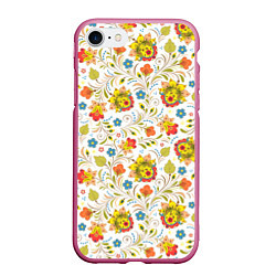 Чехол iPhone 7/8 матовый Хохломская роспись разноцветные цветы на белом фон, цвет: 3D-малиновый