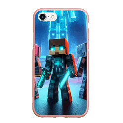 Чехол iPhone 7/8 матовый Minecraft - ai art neon, цвет: 3D-светло-розовый