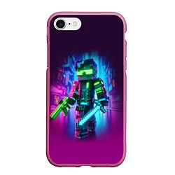 Чехол iPhone 7/8 матовый Cyberpunk and Minecraft - collaboration ai art, цвет: 3D-малиновый