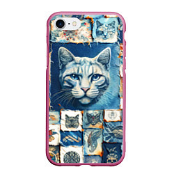 Чехол iPhone 7/8 матовый Кошка на дениме - пэчворк, цвет: 3D-малиновый