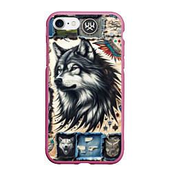 Чехол iPhone 7/8 матовый Волк на дениме Пэчворк, цвет: 3D-малиновый