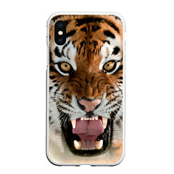 Чехол iPhone XS Max матовый Свирепый тигр, цвет: 3D-белый