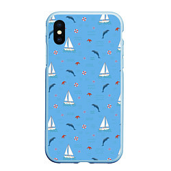Чехол iPhone XS Max матовый Море, дельфины, парусник, цвет: 3D-голубой