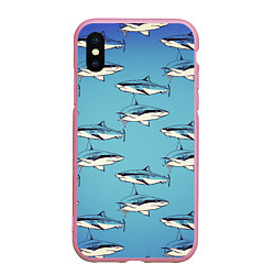 Чехол iPhone XS Max матовый Акулы Паттерн, цвет: 3D-розовый