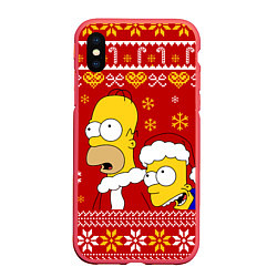 Чехол iPhone XS Max матовый Новогодний Гомер и Барт Симпсоны, цвет: 3D-красный