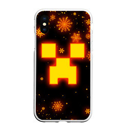 Чехол iPhone XS Max матовый НОВОГОДНИЙ ОГНЕННЫЙ КРИПЕР CREEPER FIRE, цвет: 3D-белый