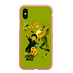 Чехол iPhone XS Max матовый Шигео, Ямочки и Рэйгэн налет на пиццу - Mob Psycho