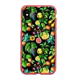Чехол iPhone XS Max матовый Сочные фрукты - персик, груша, слива, ананас, цвет: 3D-красный
