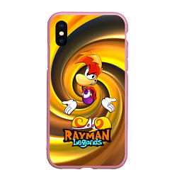 Чехол iPhone XS Max матовый Rayman Legends на фоне желтой спирали