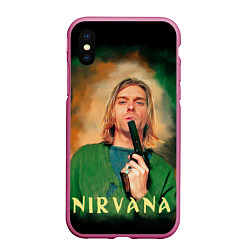 Чехол iPhone XS Max матовый Nirvana - Kurt Cobain with a gun, цвет: 3D-малиновый