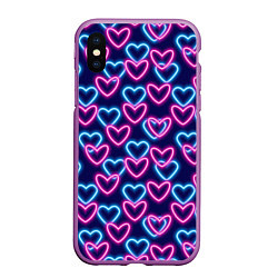 Чехол iPhone XS Max матовый Неоновые сердца, паттерн, цвет: 3D-фиолетовый