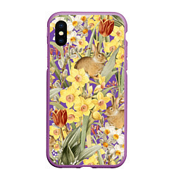 Чехол iPhone XS Max матовый Цветы Нарциссы и Зайцы, цвет: 3D-фиолетовый