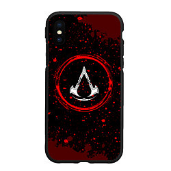 Чехол iPhone XS Max матовый Символ Assassins Creed и краска вокруг на темном ф, цвет: 3D-черный