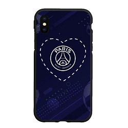 Чехол iPhone XS Max матовый Лого PSG в сердечке на фоне мячей, цвет: 3D-черный