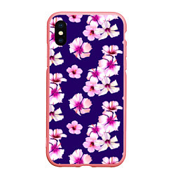 Чехол iPhone XS Max матовый Цветы Розовые Гибискус На Синем Фоне
