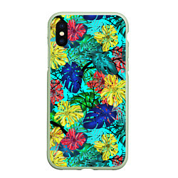 Чехол iPhone XS Max матовый Тропические растения на бирюзовом фоне, цвет: 3D-салатовый