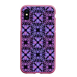 Чехол iPhone XS Max матовый Розово-фиолетовый цветочный орнамент на черном, цвет: 3D-малиновый