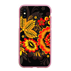 Чехол iPhone XS Max матовый Хохломская Роспись Цветы На Тёмном Фоне