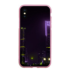 Чехол iPhone XS Max матовый Неоновые высотки в городе - Фиолетовый, цвет: 3D-розовый