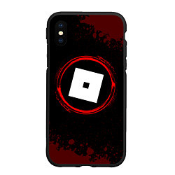 Чехол iPhone XS Max матовый Символ Roblox и краска вокруг на темном фоне, цвет: 3D-черный