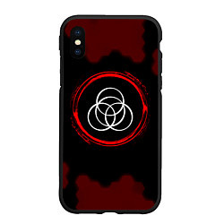 Чехол iPhone XS Max матовый Символ Elden Ring и краска вокруг на темном фоне