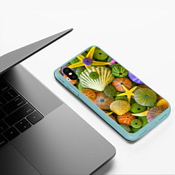 Чехол iPhone XS Max матовый Композиция из морских звёзд и ракушек, цвет: 3D-мятный — фото 2