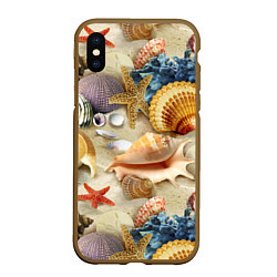 Чехол iPhone XS Max матовый Морские раковины, кораллы, морские звёзды на песке, цвет: 3D-коричневый