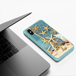 Чехол iPhone XS Max матовый Натюрморт из сети, морских звёзд и ракушек - лето, цвет: 3D-мятный — фото 2