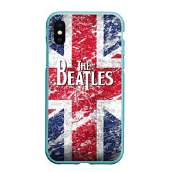 Чехол iPhone XS Max матовый The Beatles - лого на фоне флага Великобритании