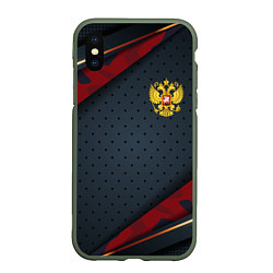 Чехол iPhone XS Max матовый Герб России черно-красный камуфляж, цвет: 3D-темно-зеленый